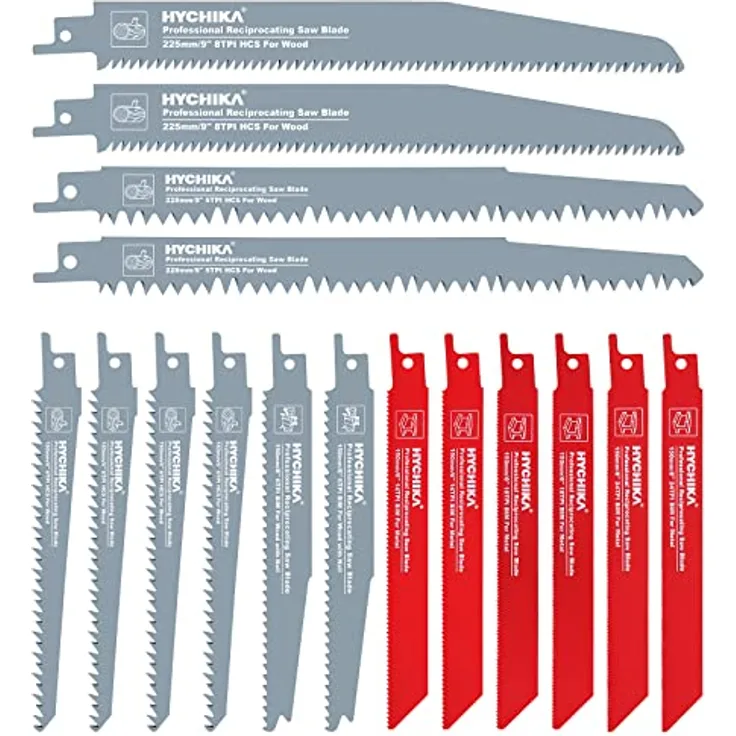 HYCHIKA 16pcs Säbelsägeblätter, 8pcs 150mm Säbelsägeblätter Metall, 8pcs 150-228mm Säbelsägeblätter Holz mit Nägeln, Aufbewahrungsbox, Passend für Alle Säbelsäge