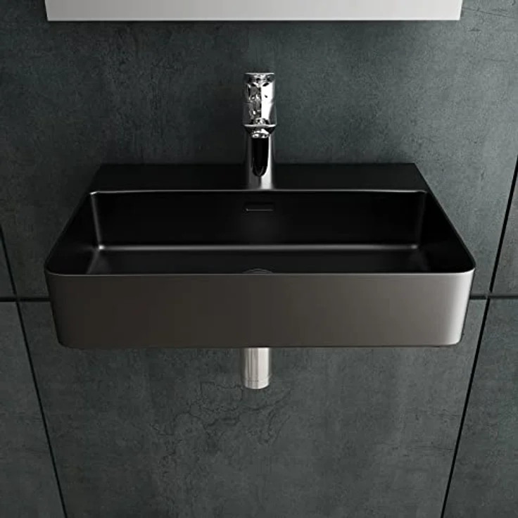 Alpenberger Waschbecken 60 cm | Aufsatzwaschbecken Schwarz Matt Gäste WC | Keramik Waschbecken Eckig | Aufsatzwaschbecken mit Überlauf & Hahnloch | Lavabo Badwaschtisch mit Nano – Bild 4