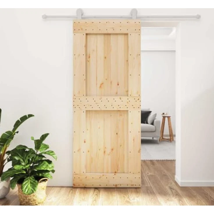 vidaXL Schiebetür Natürlich und Weiß, 85 x 210 cm, Massivkiefer mit pulverbeschichteten Stahlelementen, modernes Design und praktisches Schiebesystem – Bild 2