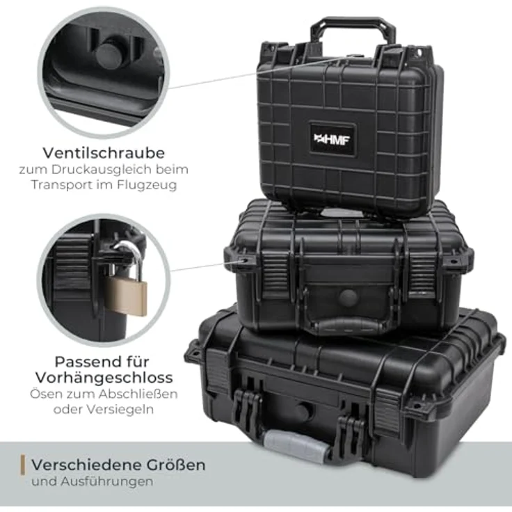 HMF Werkzeugkoffer Robuster Outdoorkoffer mit Druckausgleichsventil und Rasterschaumstoff, Outdoor-Koffer wasserdicht und staubdicht, schwarz – Bild 6