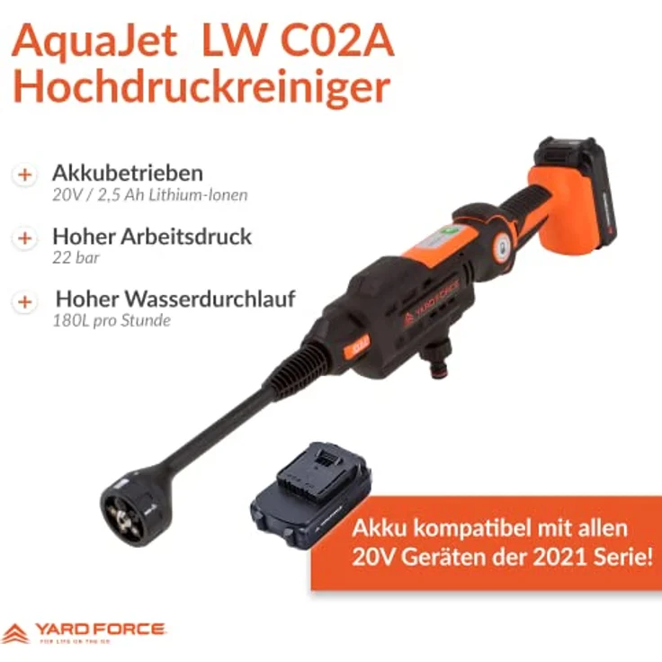 Yard Force AquaJet Akku-Hochdruckreiniger LW C02A für Bewässerung, Reinigung & Desinfektion, 20V / 2,5 Ah, max. 22 bar Druck, Durchflussmenge 180 L/h, mit Akku – Bild 2