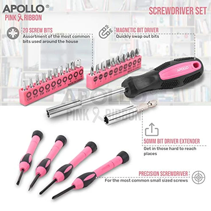 Apollo pinker Werkzeugkoffer mit pinkem Werkzeug Set 39 Teile – Bild 3