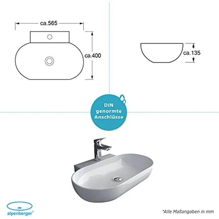 Alpenberger Waschbecken Gäste WC | Aufsatzwaschbecken Oval | Hängewaschbecken Breit | Handwaschbecken mit Nano | Gästewaschbecken zur Wandmontage (WB-546) – Bild 5