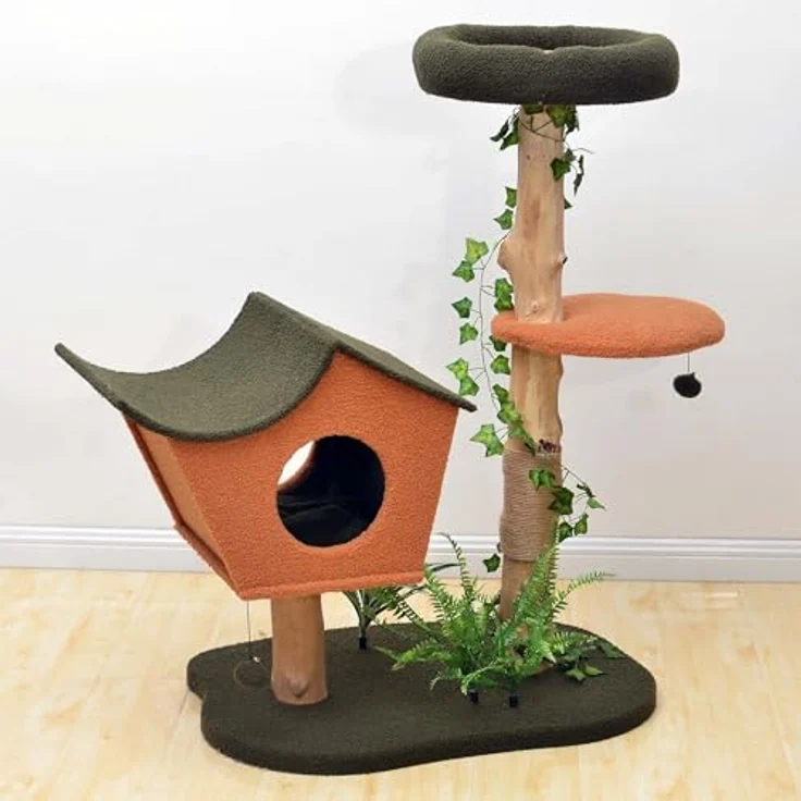 Fudajo Kratzbaum mit Pflanzendeko 114 cm, Katzenkratzbaum mit Teddyfell und Birnbaumholz, Katzenhaus mit Spielbällen, Katzenmöbel mit Plattformen, Braun – Bild 4