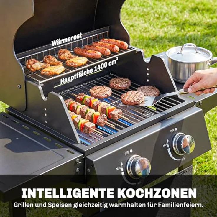 Outsunny Gasgrillwagen 5,4 kW, 2 Brenner mit klappbarem Seitentisch, Thermometer und Warmhalterost, schwarz – Bild 5