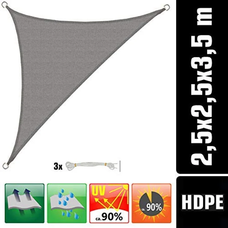 AMANKA UV Sonnensegel Dreieck Rechtwinklig - 2.5x2.5x3.5 Wasserdurchlässig - Sonnenschutz Balkon Dreieckig Terrassendach Sichtschutz Garten Sonnendach Pool Pergola Trampolin Wohnwagen Terrasse Camping – Bild 5