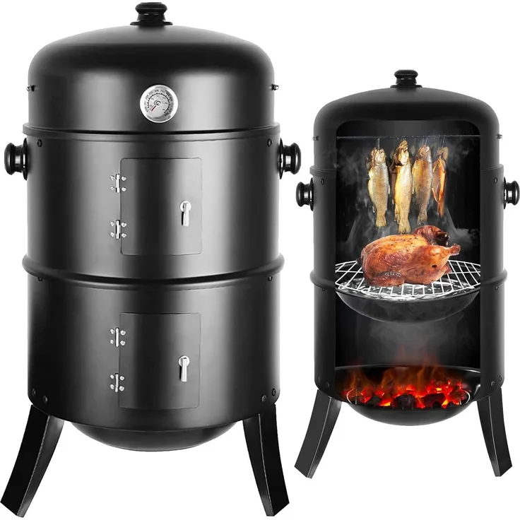 TLGREEN Smoker Räucherofen 3 in 1, Holzkohlegrill mit 2 Grillrosten, Temperaturbereich 50°C-300°C, Ø44,5x80 cm