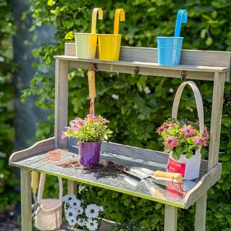 UNUS GARDEN Pflanztisch Pflanzregal verzinkter Arbeitsfläche Grau 76 cm x 38 cm x 91 cm (BxTxH), Massivholz, Gärtnertisch Blumentisch – Bild 6