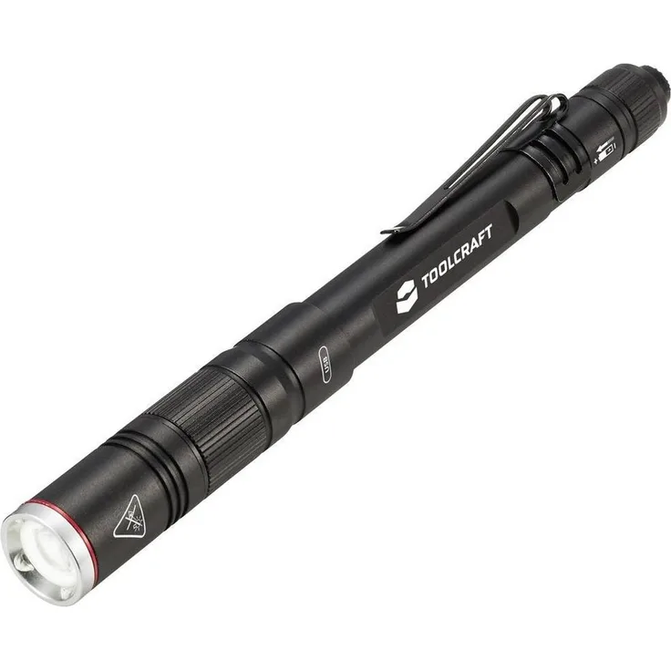 "TOOLCRAFT LED Taschenlampe LED-Akku-Penlight, mit Gürtelclip, verstellbar, mit Stroboskopmodus, schwarz"