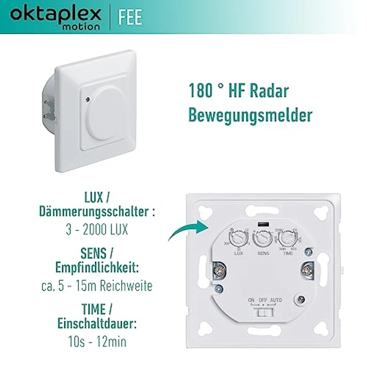 Oktaplex Fee Bewegungsmelder Unterputz 180° Hochfrequenz-Sensor 5-15m Reichweite 230V Hohlwanddose weiß mit Dämmerungssensor – Bild 2