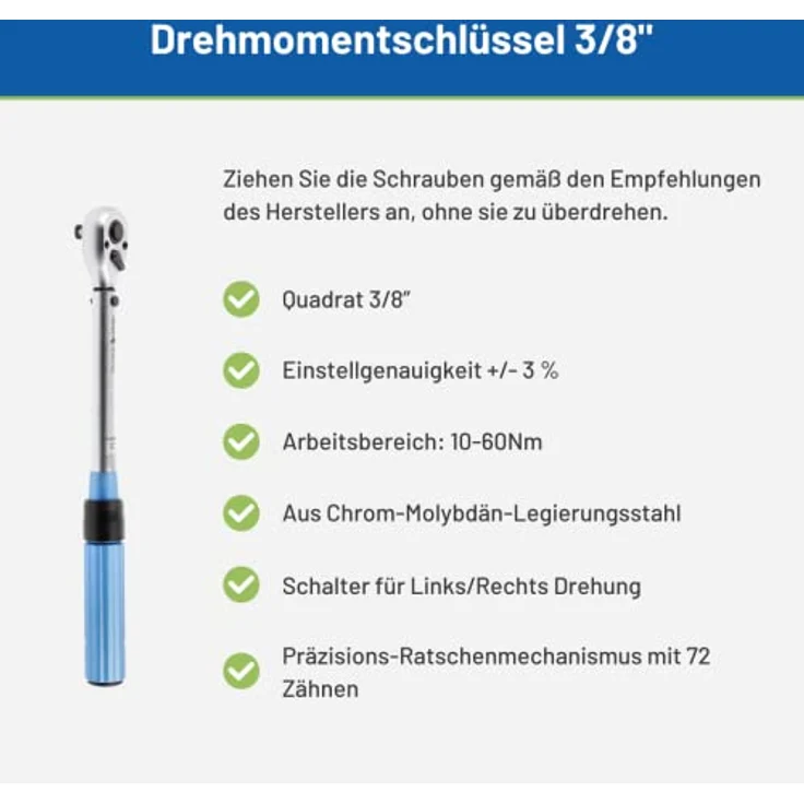 Högert Technik - Drehmomentschlüssel 3/8″ 10-60Nm, Präzisions-Ratschenmechanismus mit 72 Zähnen, Chrom-Molybdän-Legierungsstahl, Links-/Rechts-Drehung, HT1W711 – Bild 2