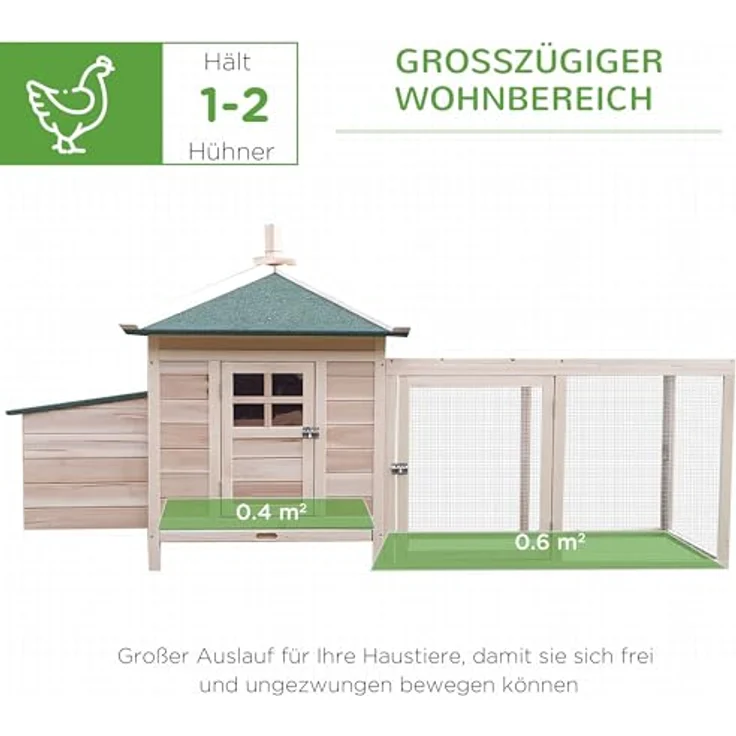 PawHut Hühnerstall mit Auslauf, Nistkasten, Stange, aus Kiefernholz, für Zwerghühner, Natur – Bild 3