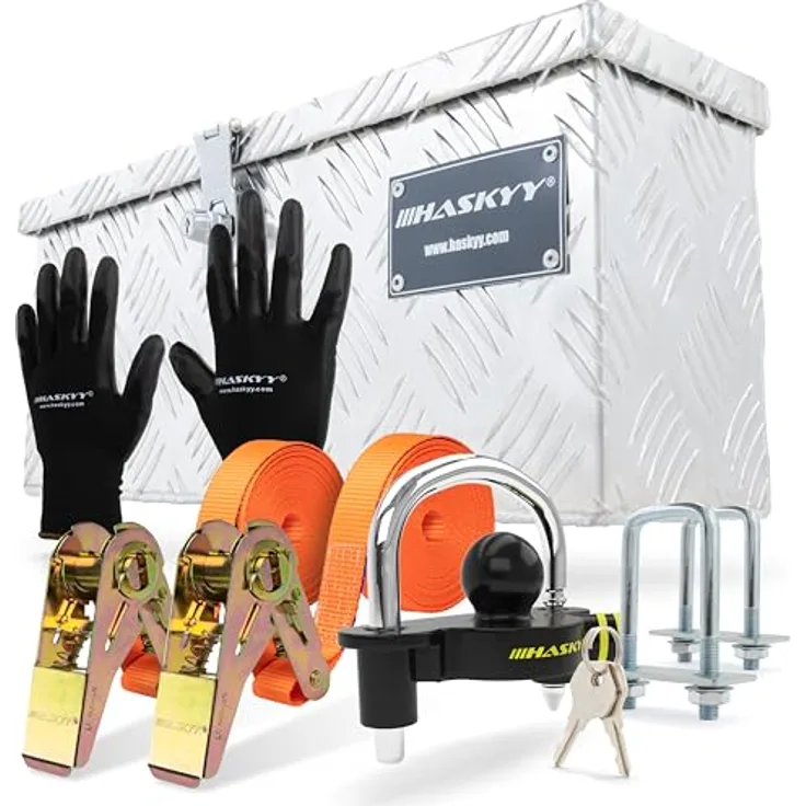 HASKYY Aluminium Box 485x140x200 mm, inkl. 2 Spanngurte mit Ratsche 5m*27mm, Diebstahlschutz, schwarze Handschuhe, Werkzeugkoffer