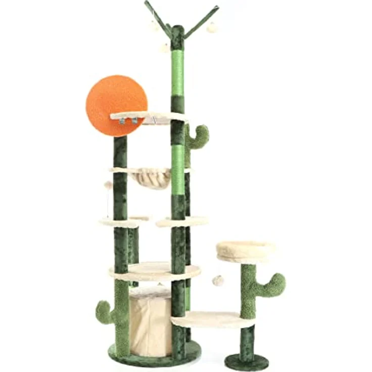 Fudajo Kratzbaum im Kaktusdesign Grün/Beige 172 cm, Katzenbaum mit Katzenhaus, Liegemulde, Sisal und Spielbälle – Bild 5