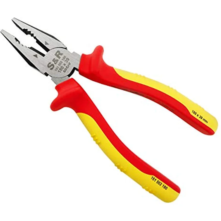 S&R VDE-Kombizange 180 mm, Universalzange 1000V, 60CrV Stahl HRC 58-65, phosphatiert, isolierte 2-Komponenten-Griffe, VDE-geprüft – Bild 1