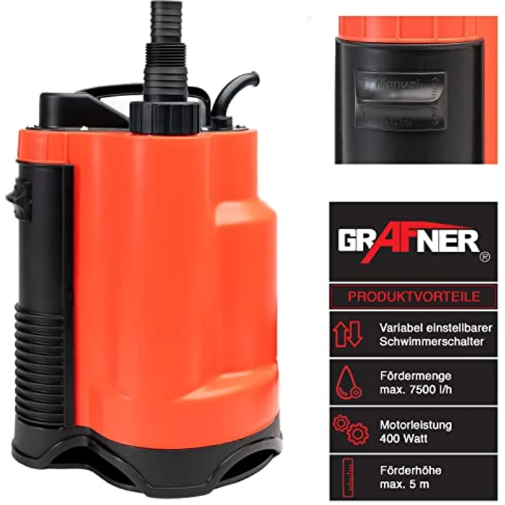 GRAFner Schmutzwasser Drainage Tauchpumpe 400 Watt 7500L-h SP11011 – Bild 2