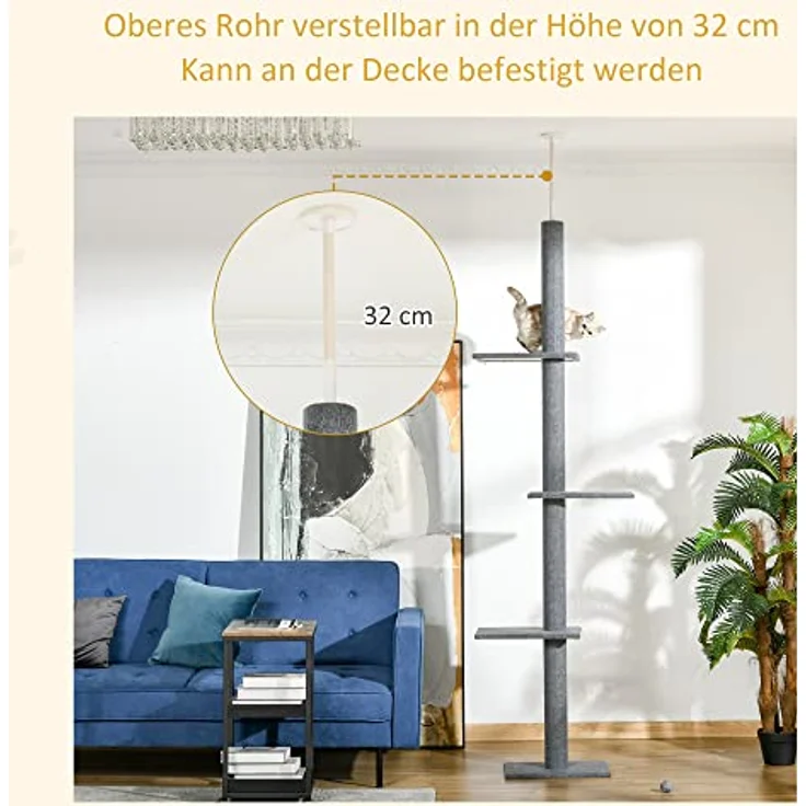 PawHut Kratzbaum Deckenhoch, 228-260 cm Höhenverstellbarer Katzenbaum Kletterbaum für Katzen mit 3 Ebenen, Katzenkratzbaum, Spielbaum vom Boden bis zur Decke Grau – Bild 5