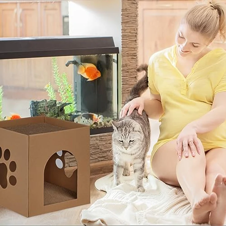 relaxdays Katzenzelt Katzenhaus Pappe mit Kratzbrett, braun, modernes Design mit Pfotenfenstern und individuell gestaltbar – Bild 3