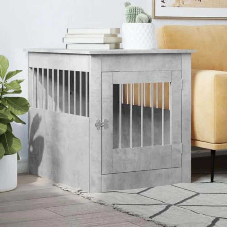 vidaXL Hundekäfig im Möbelstil, Abschließbar Hundebox mit Tür, Hundehütte Beistelltisch mit 2-in-1-Funktion, Hundehaus Haustierkäfig, Betongrau 64,5x80x71cm Holzwerkstoff – Bild 2