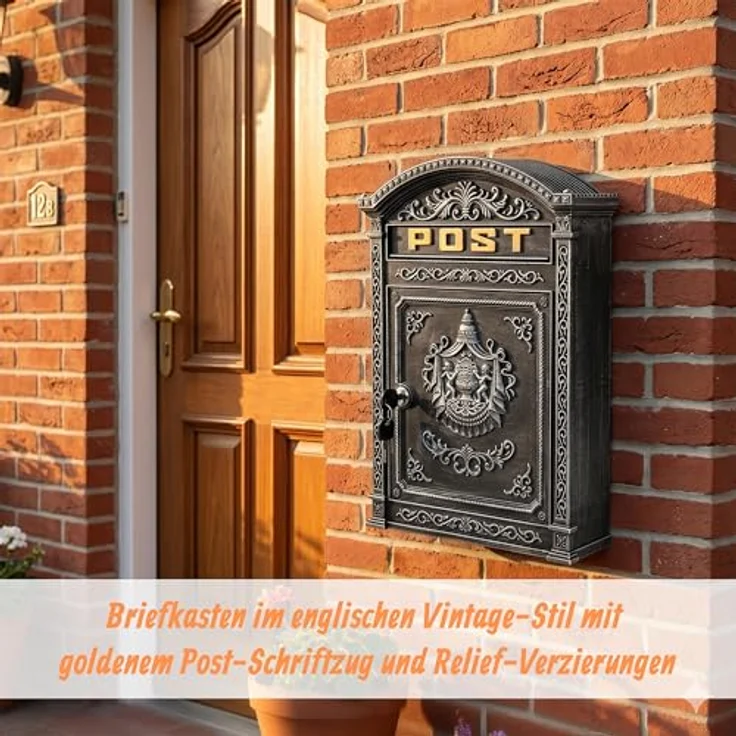 relaxdays Briefkasten Antik, grau, Vintage-Design mit Zylinderschloss und breitem Briefschlitz – Bild 2