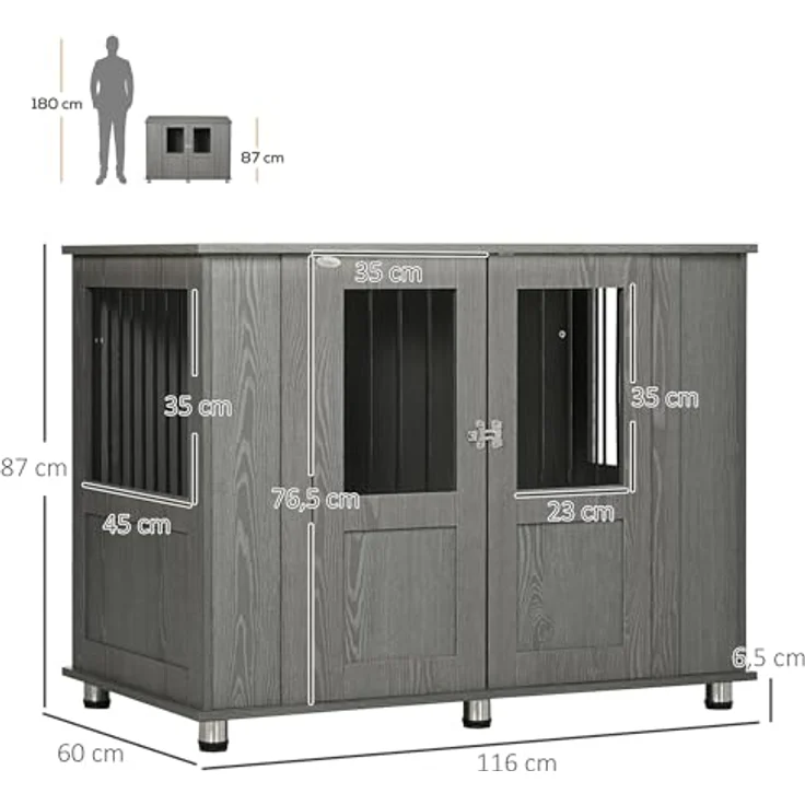 PawHut Hundekäfig für Zuhause, Haustierkäfig, Hundehütte Indoor mit Schloss, Magnettür, Hundehaus mit Fenster, Hundebox für extra große Hunde, Grau, 116 x 60 x 87 cm – Bild 5