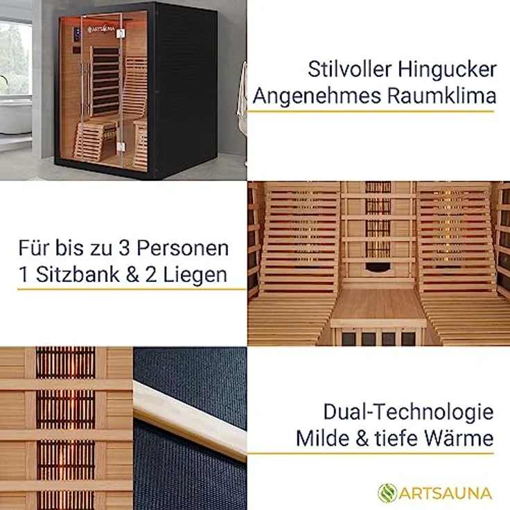 Artsauna Infrarotkabine Helsinki 150 Dual Technologie, LED - Infrarotsauna 150x150 cm - 1 Bank, 2 Liegen für 3 Personen - Wärmekabine Schwarz Black - Preisvergleich – Bild 4
