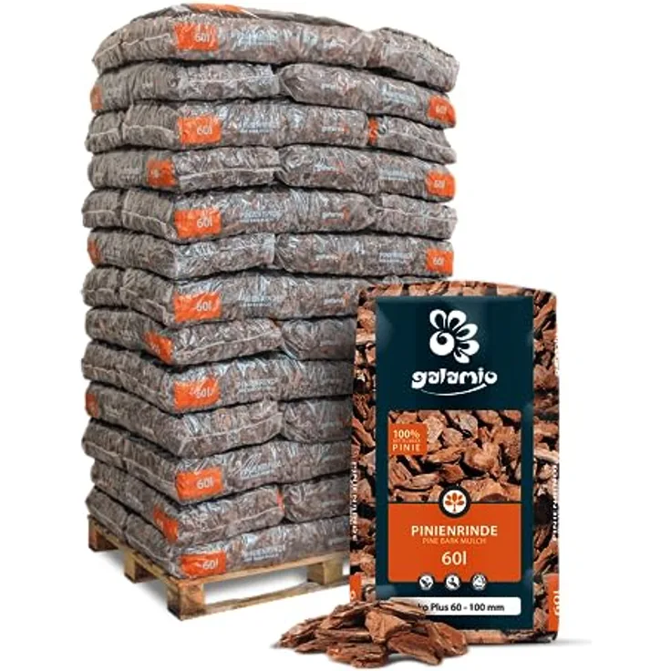 GALAMIO Pinienrinde Deko Plus, 60-100mm Rindenmulch aus Mittelmeerkiefer, 60l Sack, effektiver Unkrautschutz, dekorativer rostroter Bodenbelag für Garten und Terrarium, 1 Palette (39 Säcke)