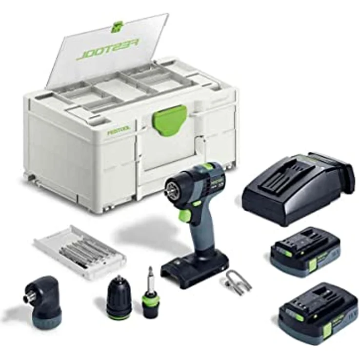 Festool Akku-Bohrschrauber TXS 18 C 3,0-Set (mit Akkupacks, Schnellladegerät, Magnet-Bithalter, Werkzeugfutter, Winkelvorsatz, Schnellspannbohrfutter, Bitkassette, Bit, Gürtelclip), im Systainer – Bild 1