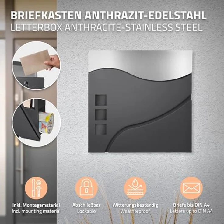 Briefkasten mit Zeitungsfach und Sichtfenster Anthrazit-Silber aus Edelstahl - Preisvergleich – Bild 3