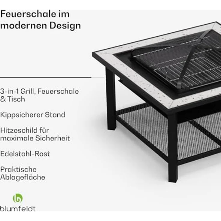 Blumfeldt Merano Avanzato, 3-in-1 Feuerschale mit Grillrost und Terrazzo-Tischplatte, robuster Stahlrahmen, inkl. Funkenschutz, Hitzeschild & Schürhaken, für Garten & Terrasse – Bild 2