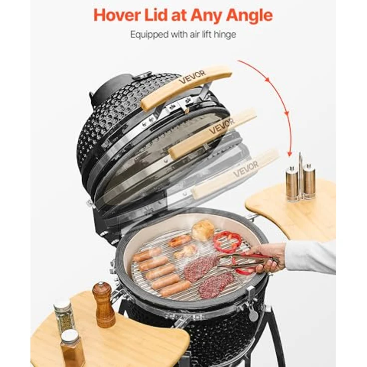 VEVOR Kamado Grill Ø 450 mm, Keramikgrill mit Holzgriffen, Seitenablagen, Metallstand mit Rollen & Thermometer bis 400°C, für BBQ, Grillen, Kochen & Backen Outdoor – Bild 5