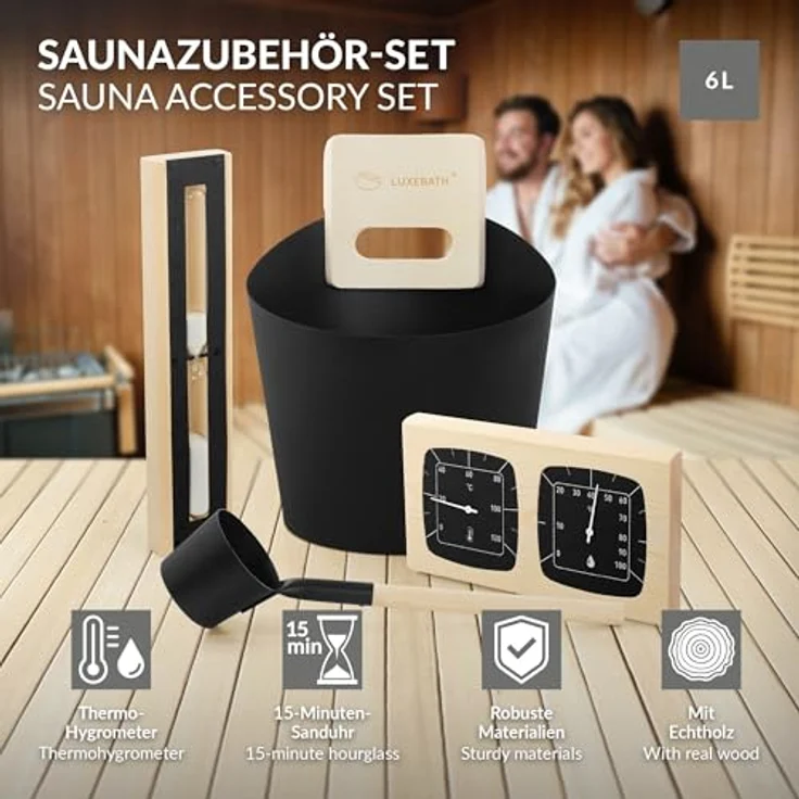 LuxeBath Saunazubehör-Set, 4-teiliges Set aus Aluminium & Naturholz, schwarz, 6L Aufgusskübel mit Griff, Schöpfkelle, Thermo-Hygrometer & 15min Sanduhr, langlebiges Sauna Zubehör – Bild 2