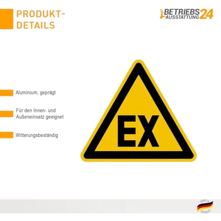 Betriebsausstattung24 Warnschild Warnung vor explosionsfähiger Atmosphäre, Aluminium geprägt, 40 cm (Dreieck) - W021, Made in Germany – Bild 3