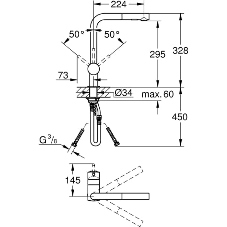 Grohe Minta L-Auslauf Küchenarmatur, Einhand-Spültischbatterie mit ausziehbarer Dual-Spülbrause, StarLight Chrom, Hochdruck – Bild 5