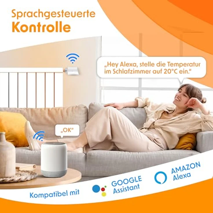 KESSER® Heizkörperthermostat WiFi Heizungsregler, Smart Home App Steuerung, Sprachsteuerung mit Alexa & Google Assistant, 6 Heizkörperventile, runde Form, Schwarz oder Weiß – Bild 4