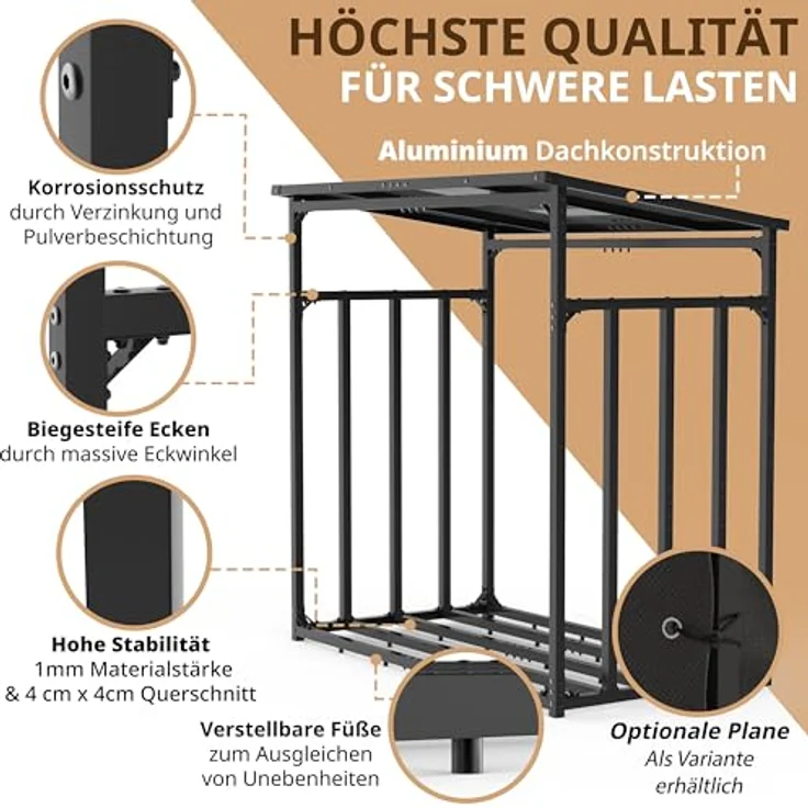 LAWA Living and Lifestyle Kaminholzregal außen, Metall verzinkt mit Dach, 185x105x185 cm, Tragfähigkeit 3,5 t, anthrazit – Bild 4