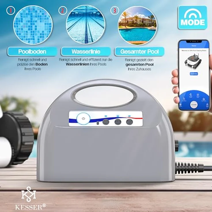 KESSER® Poolroboter für Boden und Wand | Poolsauger bis 100m² Pools & eine leistungsstarke Reinigung | Vollautomatischer Poolreiniger mit App-Funktion und Klettermechanismus, blau – Bild 9