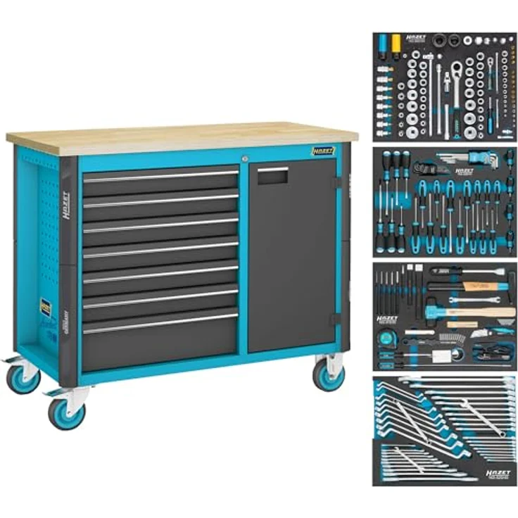 Hazet Werkbank 179NW-7, 210-teiliges Werkzeug Sortiment mit größerem Stauraum, 1200x800x1340mm, geölte Multiplex-Birke Arbeitsfläche, hohe Tragkraft – Bild 1