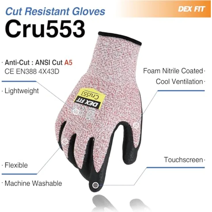 DEX FIT Level 5 Schnittschutzhandschuhe Cru553, 3D-Comfort Stretch Fit, Power Grip, Langlebiger Nitrilschaum, Smart Touch, Dünn und Leicht, Maschinenwaschbar, Rot X-Klein 1 Paar – Bild 2