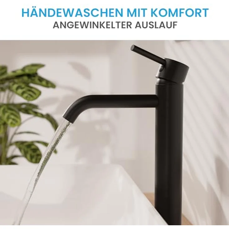 Bächlein Badarmatur Susara hoch mit gebogenem Auslauf, Extra hoher Design Einhebelmischer für Aufsatzwaschbecken mit langlebiger Keramikkartusche und Montage-Set, Bad Wasserhahn Matt Schwarz - Preisvergleich – Bild 2
