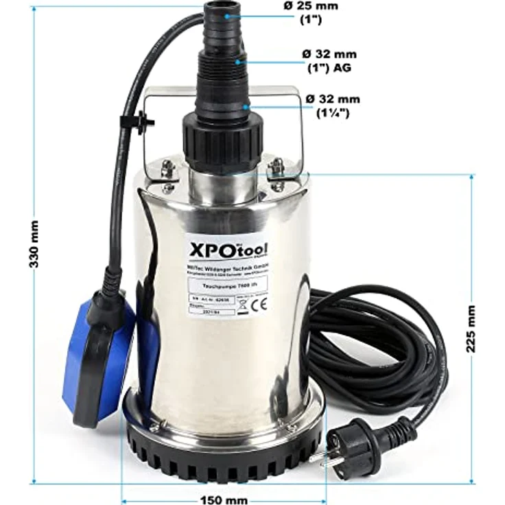 Wiltec XPOtool Tauchpumpe bis 7500l/h, max. Förderhöhe 6,5m, Schmutzwasserpumpe 400W, Fremdkörper bis 5mm, robuste Konstruktion – Bild 4