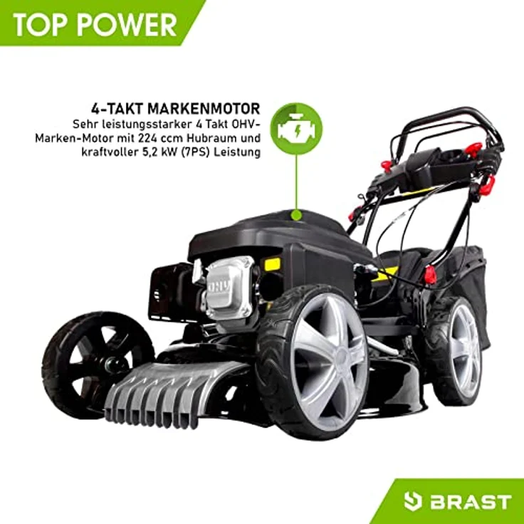 BRAST Benzin Rasenmäher mit Antrieb | 5,2kW(7PS) | Elektrostart | 46cm Schnittbreite | viele Modelle | TÜV | 4 Takt OHV Motor | 30-80mm Schnitthöhe | 60L Fangkorb | Stahlgehäuse | ESTART Speed – Bild 4