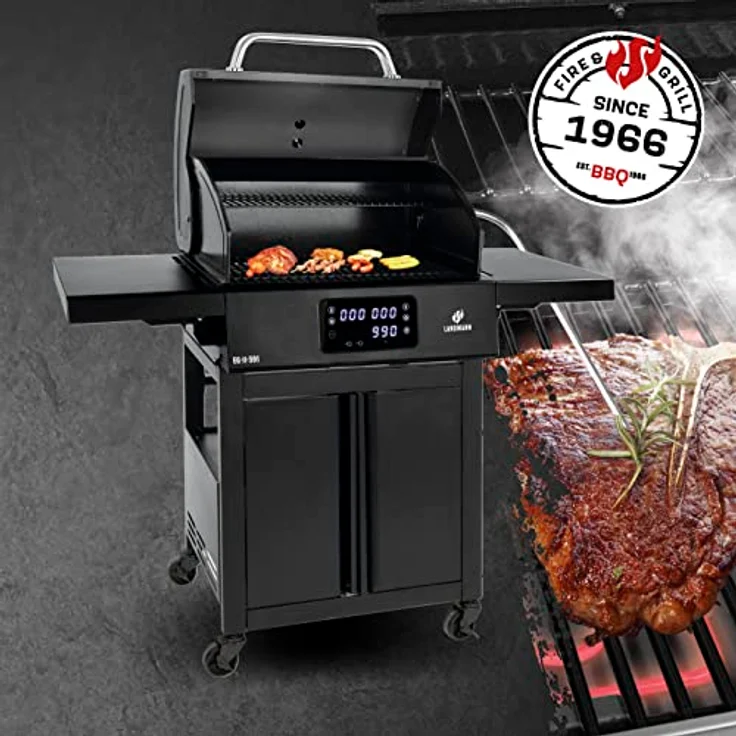 LANDMANN Elektro-Grillwagen EG-II-591 | Leistungsstarker Standgrill mit 2 Fleischthermometern & Deckelthermometer | Ohne Gas & ohne Kohle grillen | Grillfläche ca. 59 x 40,5 cm | 3200W [Schwarz] - Preisvergleich – Bild 2