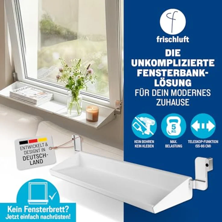 frischluft Fensterbrett Flexible Fensterbank, Teleskop 55–86 cm, für Fensterbreiten 65–107 cm, ohne Bohren & Kleben, bis 5 kg Belastung, Kippleiste für sicheren Halt – Bild 2