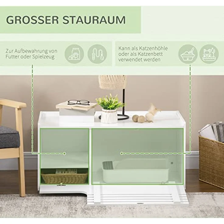 PawHut Katzenschrank für Katzentoilette Katzenklo Katzenhaus mit Magnettür Katzenkommode Katzenhöhle Beistelltisch Aufbewahrungsschrank erhöhtes Design Weiß 90 x 48 x 42,5 cm – Bild 5