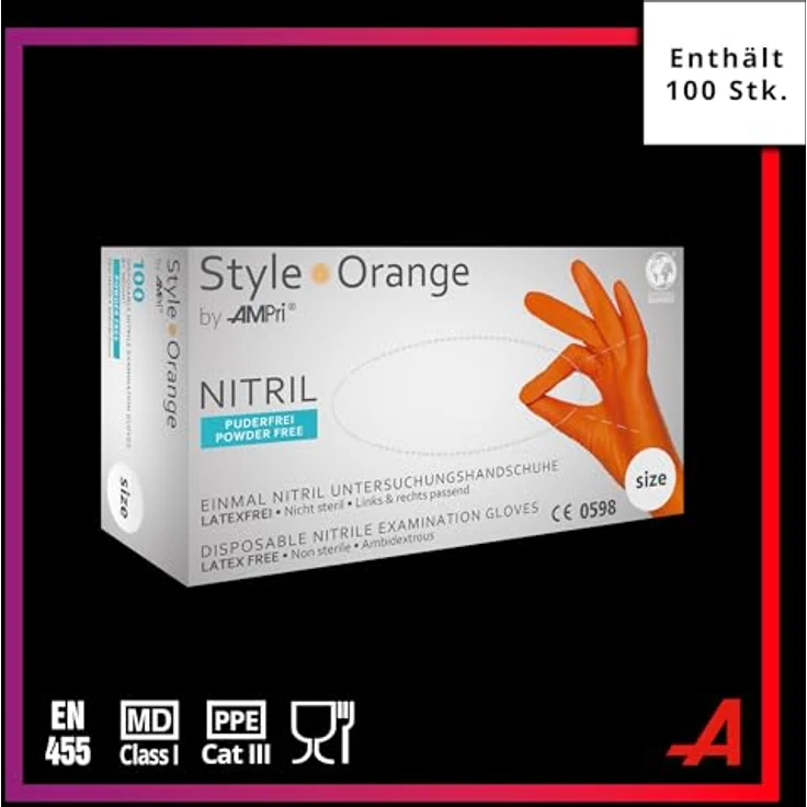 AMPRI Nitrilhandschuhe, orange, Einweghandschuhe, puderfrei, Größe XS, 100 Stück/Box, lebensmittelecht, latexfrei, rutschfest – Bild 2