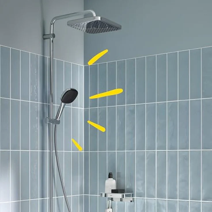 GROHE Vitalio 250 Duschsystem mit Badewannenarmatur, wassersparend 8 l/min, Regendusche, schwenkbare Kopfbrause, Thermostat mit Sicherheitssperre bei 38°C, eckig, chrom, 26984001 – Bild 2