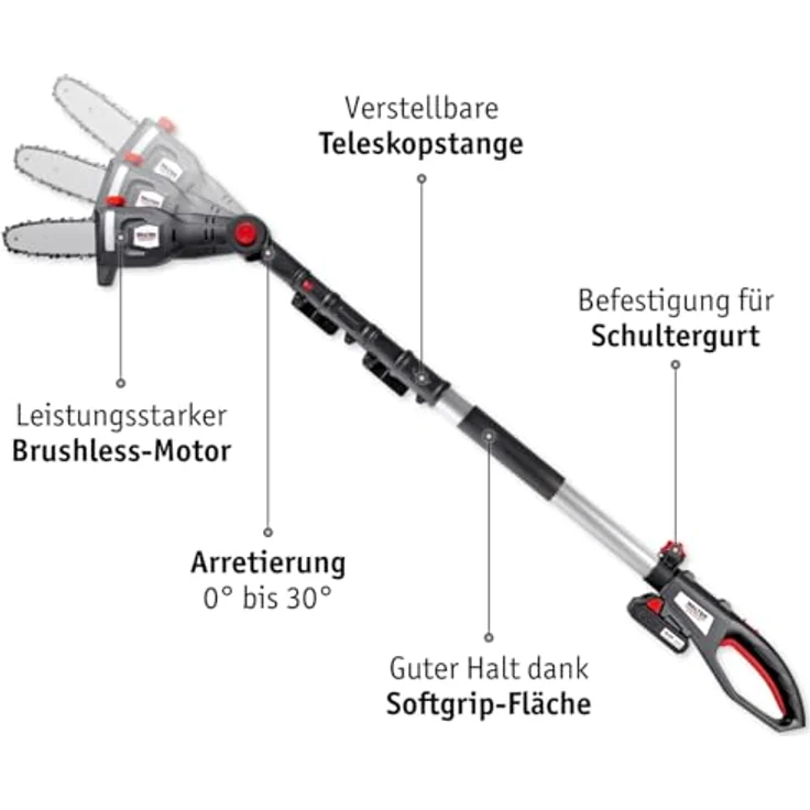 WALTER Li-Ion Akku-Hochentaster-/Heckenschere 20 V, 2 in 1 Kombigerät mit Teleskopstange bis 2,40 m, 180 mm Schnittlänge, Qualitätsmesser 405 mm – Bild 2
