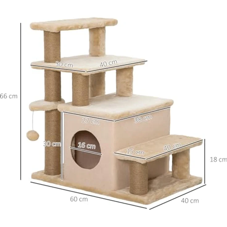 PawHut Haustiertreppe, 3/4-stufige höhenverstellbare Katzentreppe mit Schlafhöhle 2 in 1 praktische Hunderampe für kleine Hunde und Katzen Einstieghilfe für hohe Betten Sofa Beige 60 x 40 x 66 cm – Bild 5