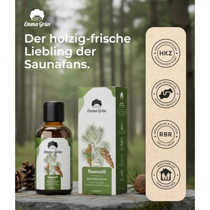 Emma Grün Zirben Sauna-Aufgussset mit ätherischem Öl aus Zirbelkiefer & österreichischer Tanne, 100 ml - Holzig-würziger Duft für 10-20 Saunagänge – Bild 7